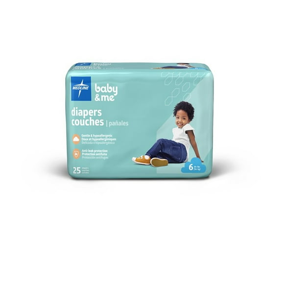 Medline Disposable Baby Diapers, Size 6 (35  LBS), Case of 200