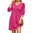 thumbnail image 3 of Vestido WIHOLL, talla grande, cuello en V, manga 3/4, primavera y verano, rosa intenso, 3 of 4