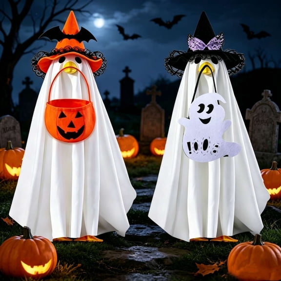 Halloween Porch Goose Outfits 23 Inch Polyester 3Pcs Ghost Set with Bag for Outdoor Garden Decor Spooky Goose Clothes for Family Yard Orange Purple by MPOISVA