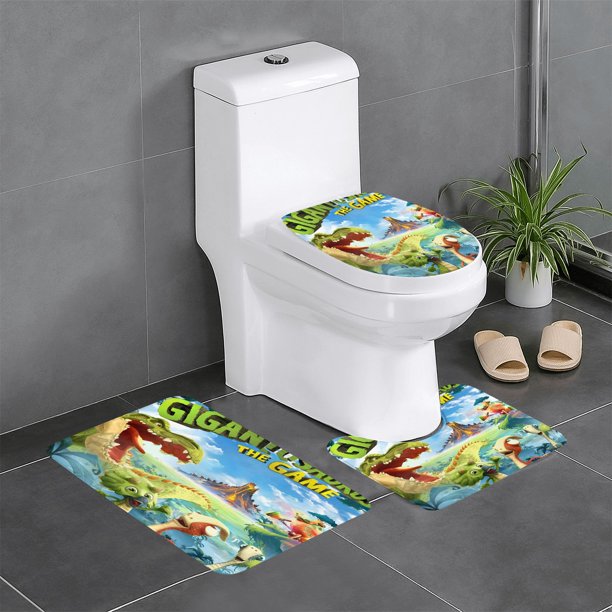 Gigantosaurus Juego de 3 alfombras de baño de coral fleece: tapete de baño + alfombra de inodoro en forma de U + funda de tapa de inodoro en forma de O