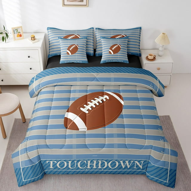 Erosebridal 3D Rugby Bed in a Bag King size, Ball Sport Player Bed Set, Stripe Checkered Decor , Reversible 7pcs