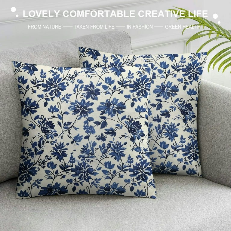 Aristuring Navy Blue and Cream Floral Pillow Covers Vintage Flower Outdoor Decorative Throw Pillows Blue Small Floral Print Rustic Farmhouse