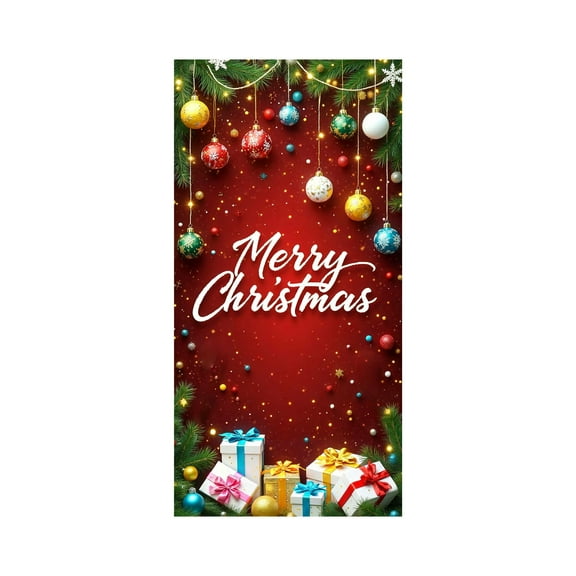 LanSuare Christmas Door Cover Decoration, Merry Christmas Background Banner Door Covers, Christmas Photo Booth Props for Winter Party Decorations Supplies, 35x71Inch