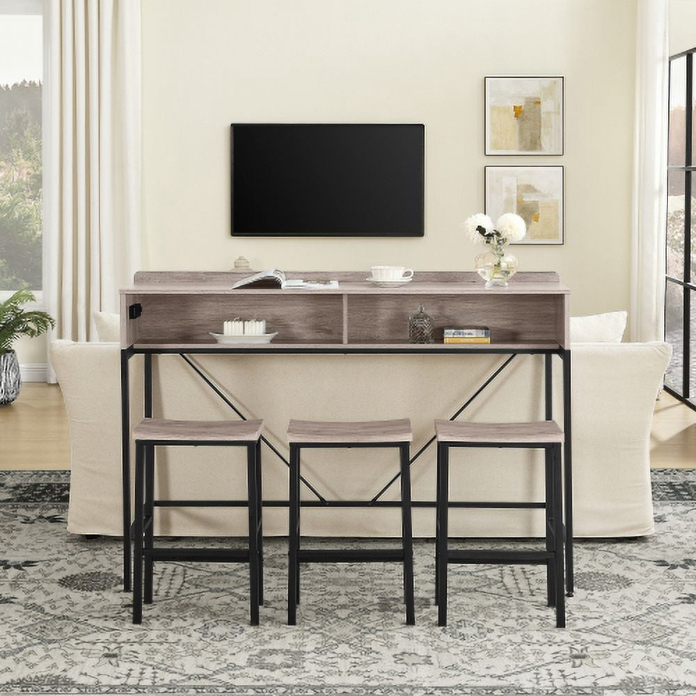 4 Piece Bar Table Set with Power Outlet and LED Light, Counter Height Table with 3 Stools,Industrial Style Console Table Set for Living Room, Dining Room, Game Room,Gray