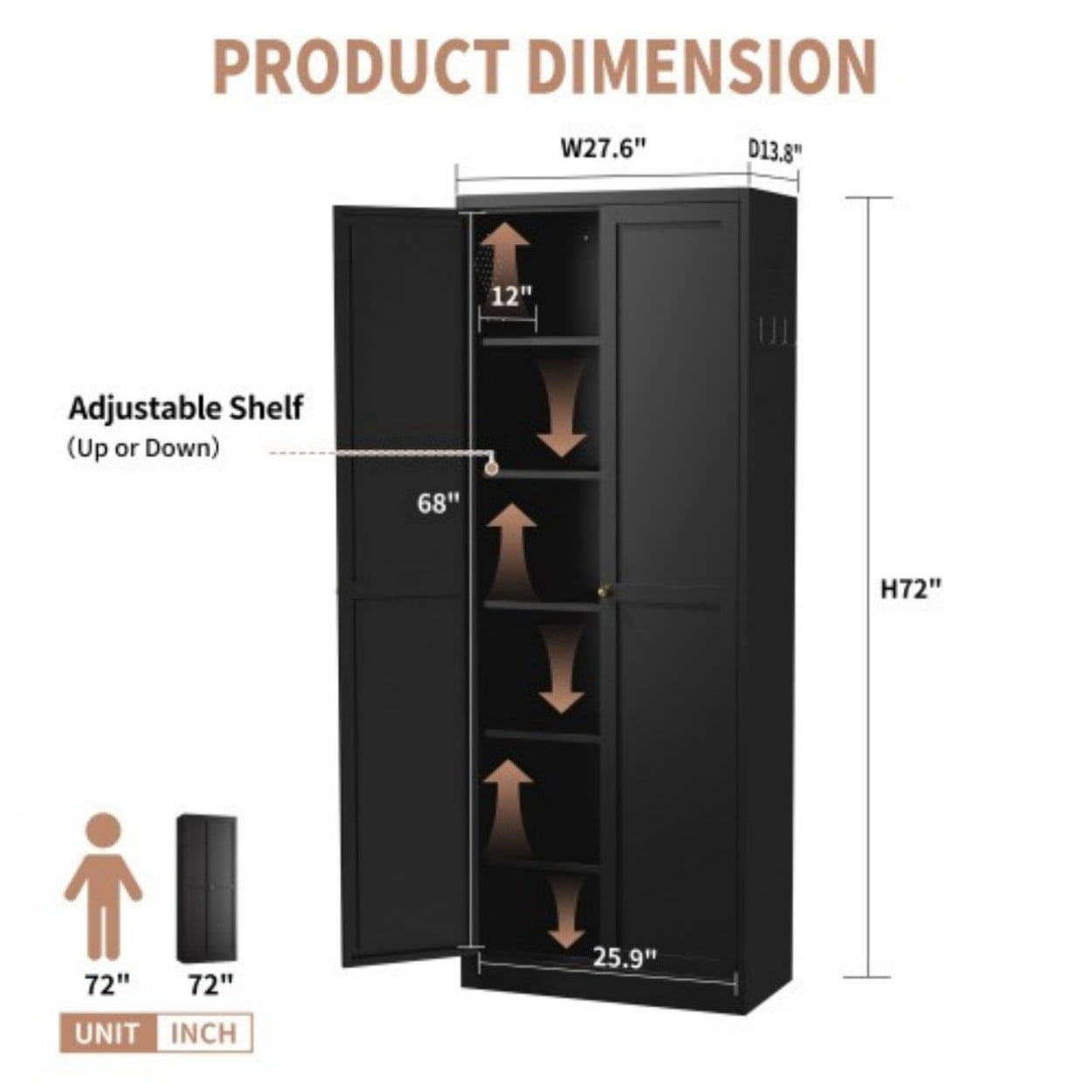 72" White Metal Kitchen Pantry Cabinet with Doors, Heavy Duty Freestanding Storage Organizer, 5 Adjustable Shelves, Tool-Free Assembly Cabinet for Kitchen Bathroom Pantry, Black