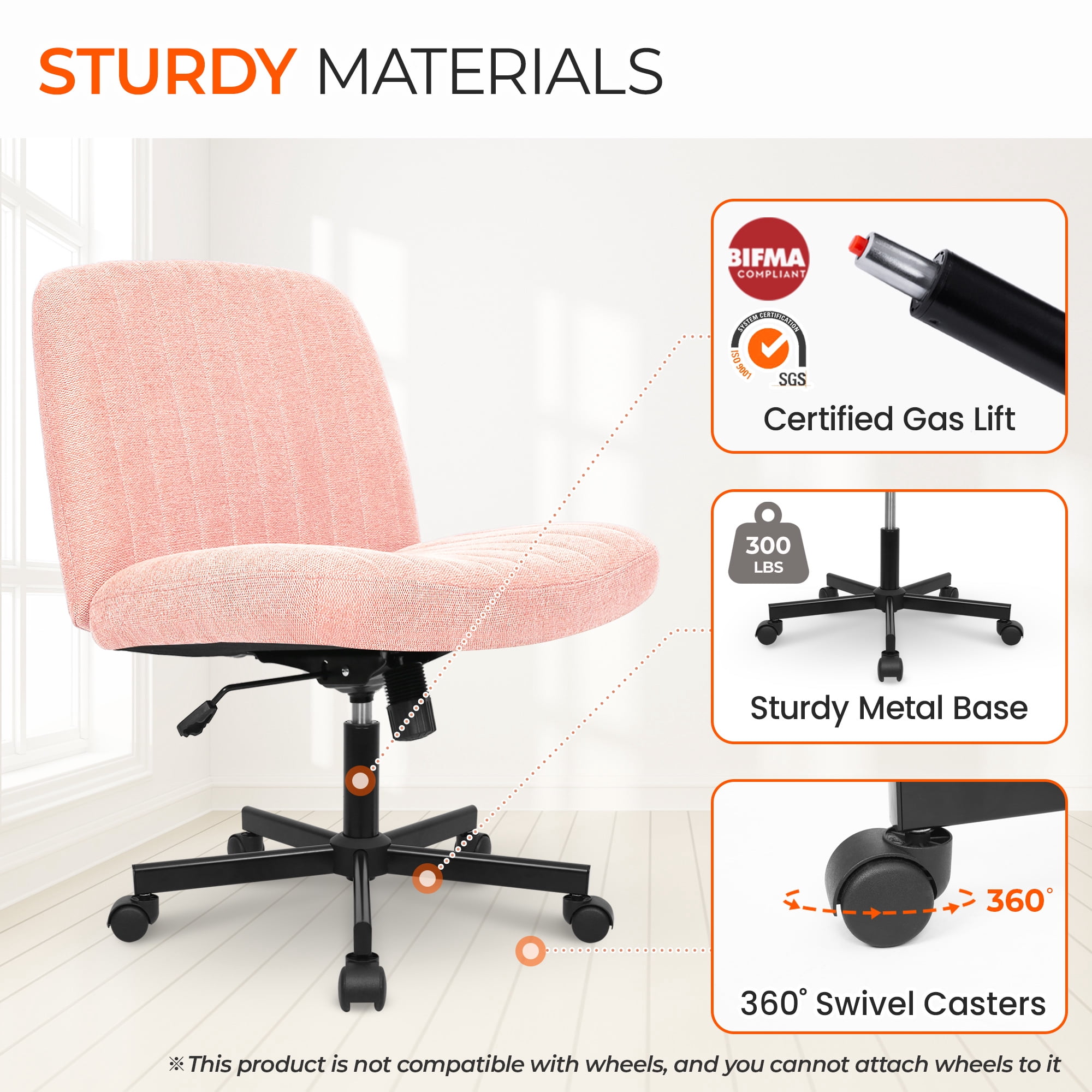 Orange Factory Criss Cross Chair Wheels Wide Cross Legged Office Desk Vanity Chair Comfy Fabric Armless Adjustable Swivel for Home Computer Task (Pink Wheel, Fabric)