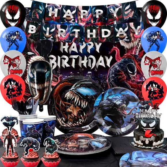 Venom Birthday Party Supplies,113pcs Venom Birthday Decorations & Tableware Set - Venom Party Decorations Banners Balloons Backdrop Plates Napkins Cups Tablecloth etc Venom Birthday Decorations