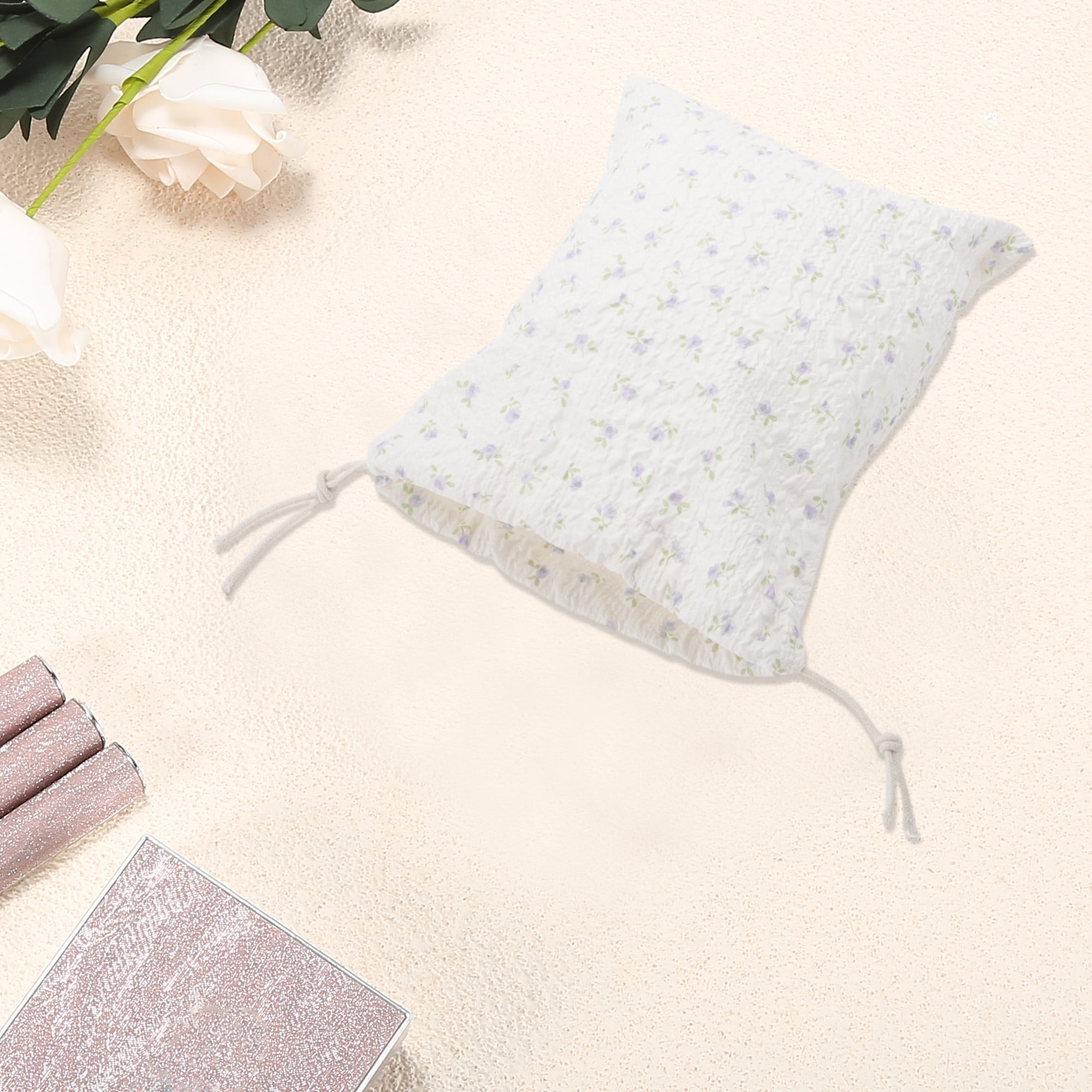 Unique Bargains 1 Pc Purple Flowers Drawstring Makeup Bag for Travel Beige 7.48 in