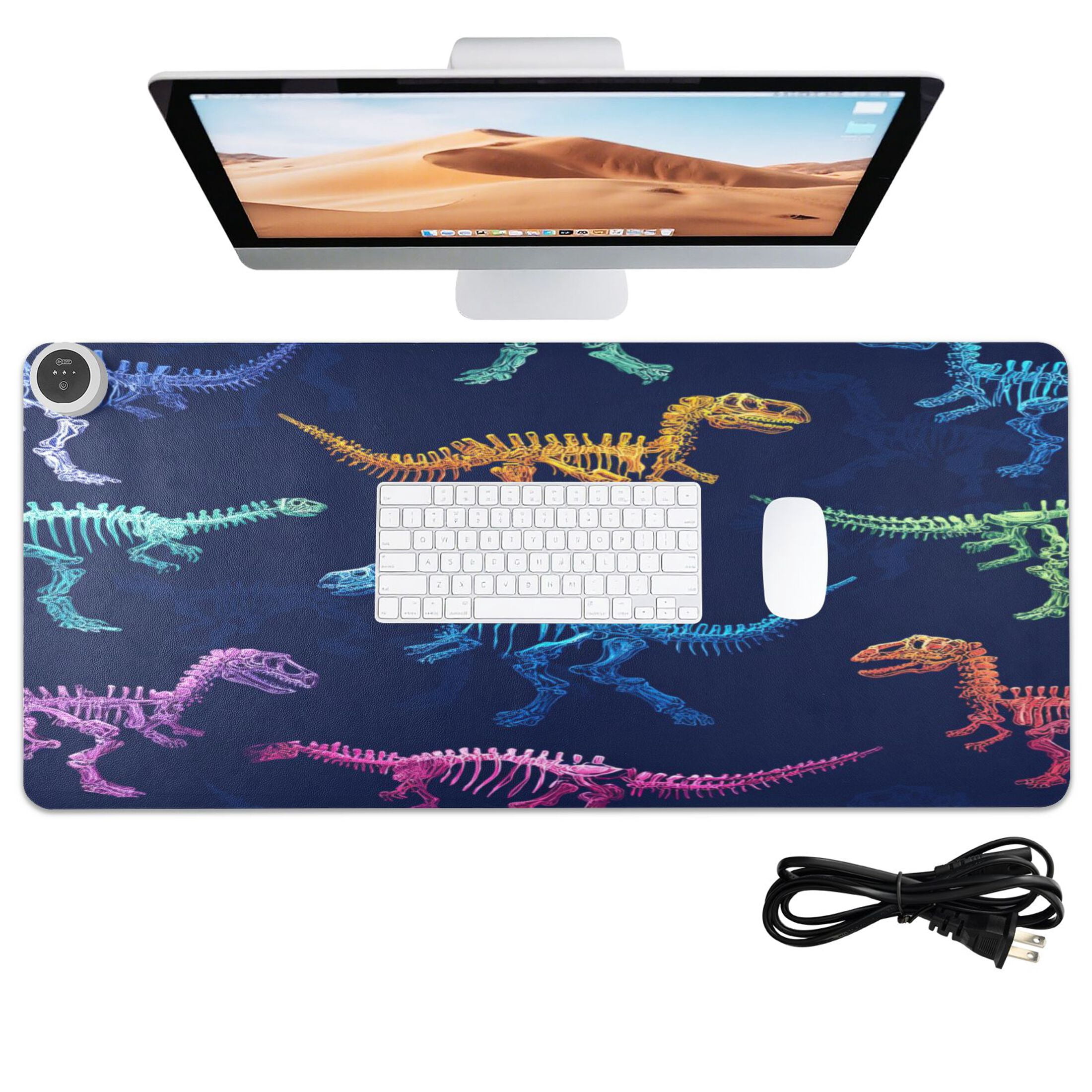 Large Heated Desk Mat Mouse Pad 31.5"x13"PU Leather Graphene Heating Desk Warmer with 3 Temperature Settings 110V US Plug Non-Slip Warm Pad for Home, Office, and Gaming Vividly Colored Dinosaur Bones