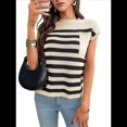thumbnail image 3 of Suéter Informal de Cuello Redondo y Rayas con Aguja Gruesa para Mujer, Caqui, Talla L, 3 of 7