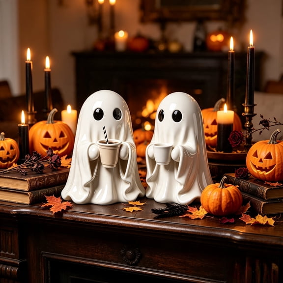 2 Pack Cute Ghost Figurines Holding Coffee Mugs, Spooky Fall Home Decor, Waterproof Resin Tabletop Ornaments for Kitchen Counter Mantel Display