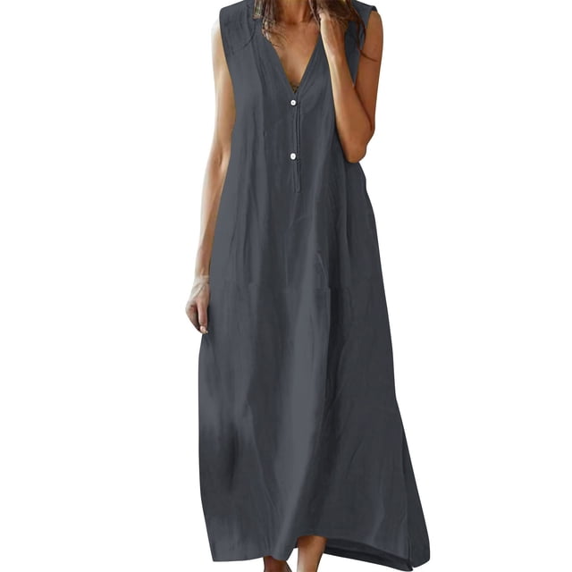 GreatBaby Robe Maxi pour Femme Sans Manches à Col en V, Décorative, Boutonnée devant, Aspect Lin, Coupe Ample, Couleur Unie, Légère, pour le Quotidien, Décontractée et les Journées Chaudes