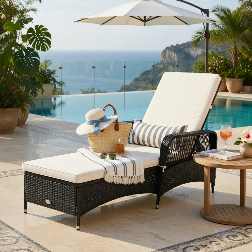 Hommoo Adjustable PE Wicker Chaise Lounge Chair with Lumbar Pillow, Outdoor Patio Recliner, Weather-Resistant Steel Frame, Off-White