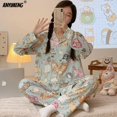 thumbnail image 2 of Conjunto de pijama con estampado de gatos para mujer, ropa de dormir de algodón suave, con cuello vuelto, informal, Kawaii, para otoño y primavera, 2 of 4