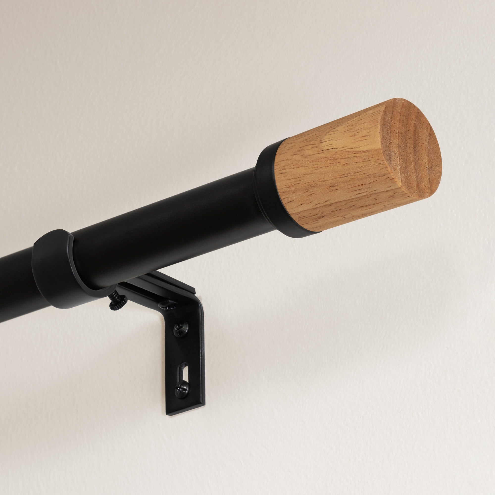 Better Homes & Gardens 1" Pale Oak Wood Cylinder Adjustable Curtain Rod Set, 42-120", Black