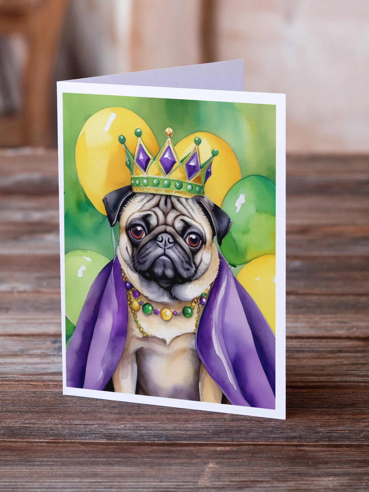 Pug King of Mardi Gras Greeting Cards Pack of 8 7 in x 5 in