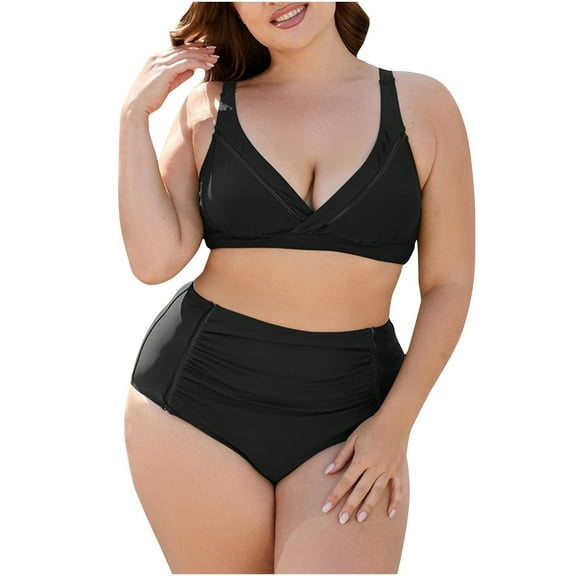 WREESH Womens Plus Size High Waisted Bikini Conservative Strappy Back Set Two Piece Swimsuits Swimdress Beach Bathing Suit Black
