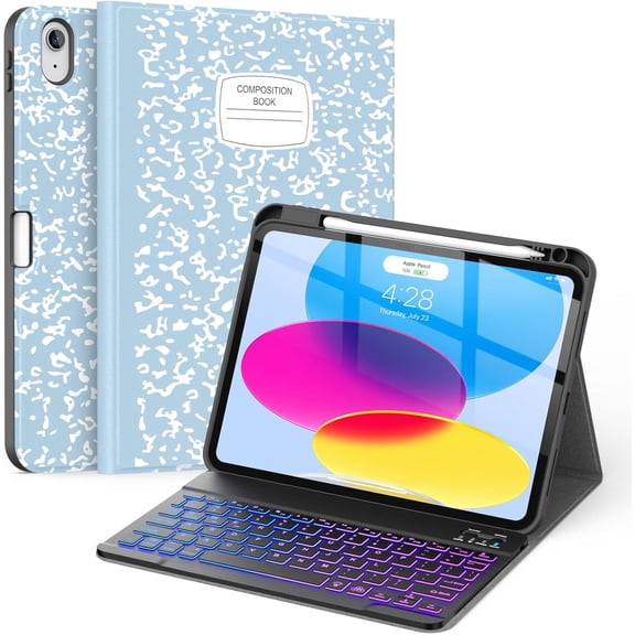 Keyboard Case for iPad (A16) 11th/10th Generation 11&10.9 Inch with Pencil Holder,7 Colors Backlit Wireless Detachable Folio Keyboard Cover