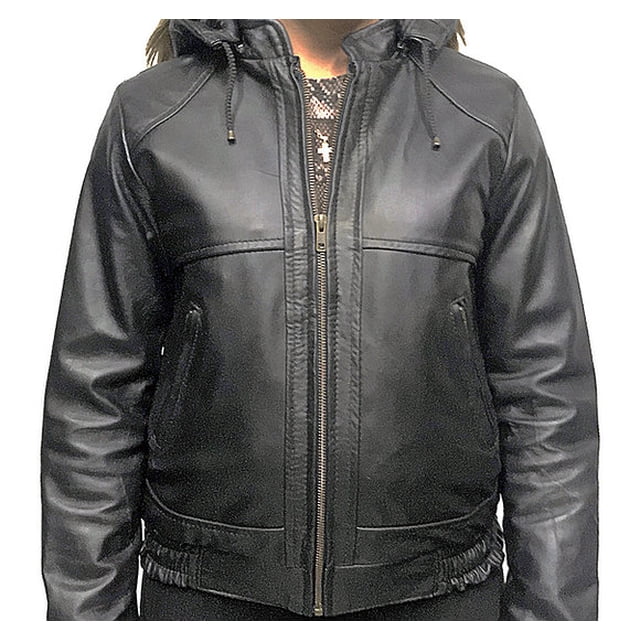 Chamarra de piel negra con gorrito de piel desmontable para dama Castelli Leather Authentic Luxiana Con capucha de piel desmontable