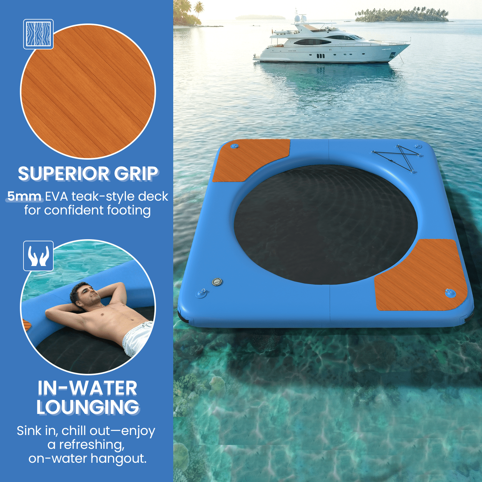 Bezliving 10 ft Inflatable Floating Dock with Mesh Swim Net, 6 in Thick Platform for Lake and Pool, Non-Slip EVA Deck, Heavy-Duty D-Rings
