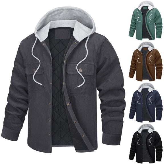 Brondbend Mens Winter Coats Mens Fall Jackets Hooded Long Sleeved Pocket Button Outerwear Solid Color Casual Jacket Loose Fit Travel Tops Black