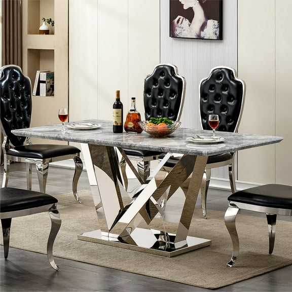 70 Inch Modern Faux Marble Dining Table with Stainless Steel Base, Rectangular Kitchen Table for 6 Seats, Silver Grey Large Dining Room Table