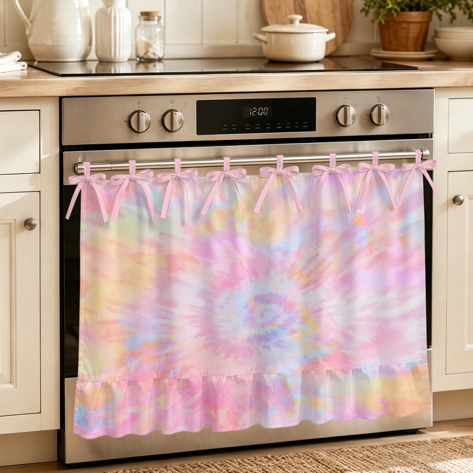 Rainbow Color Oven Curtain with Tie Top Oven Skirt Curtain for Kitchen Fantasy Colorful Ombre Swirl Under OvenCover Panel for Dust & Grease Protection Apartment RV Cabinet Curtains 32 x24