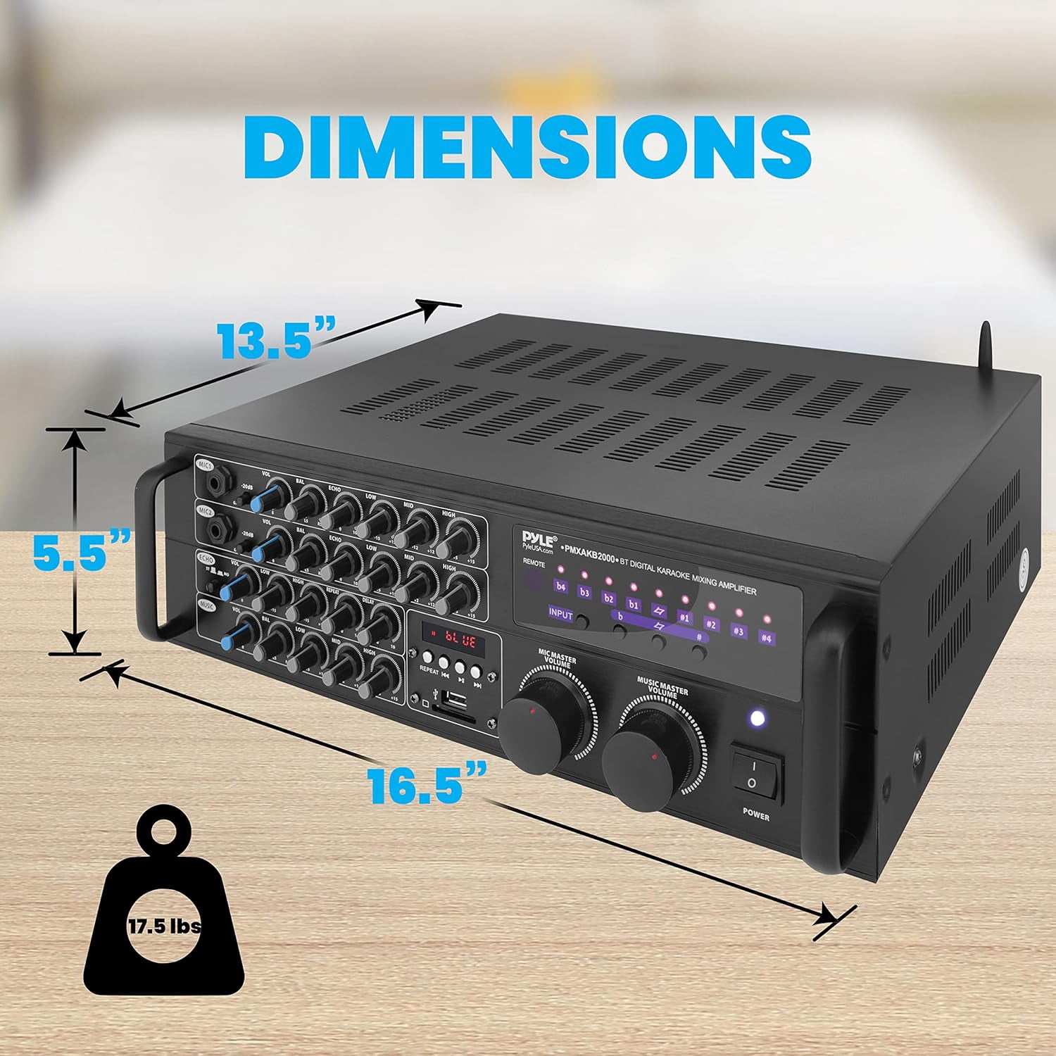 2000 Watt Bluetooth Stereo Mixer Karaoke Amplifier, Microphone/RCA Audio/Video Inputs, Mic-Talkover, USB/SD Readers, Rack Mountable Amp