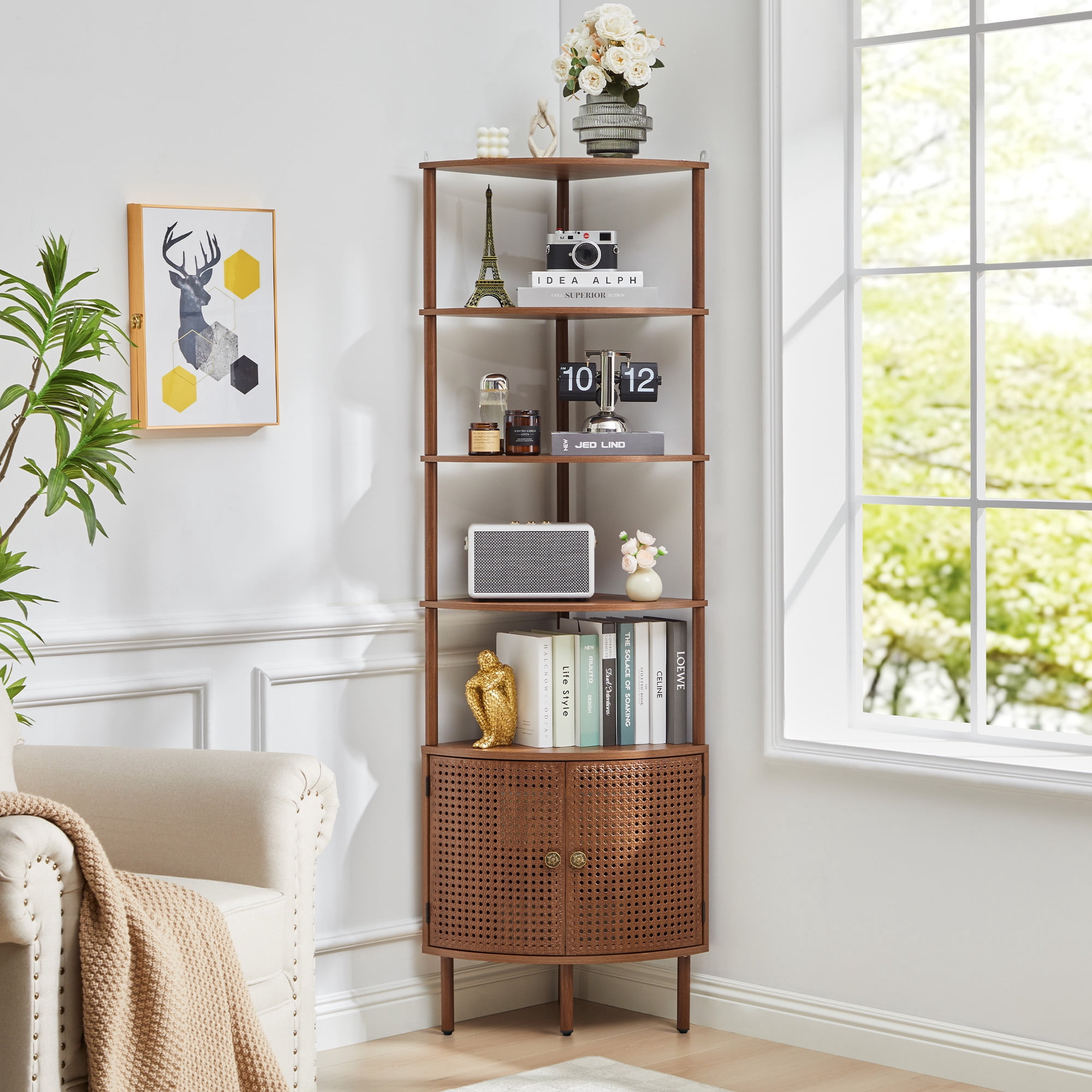 YOCWO 67" Tall Corner Bookshelf with 4-Tier Display Shelves and 2 Door Storage Cabinet, Metal Rattan Door Design, Walnut