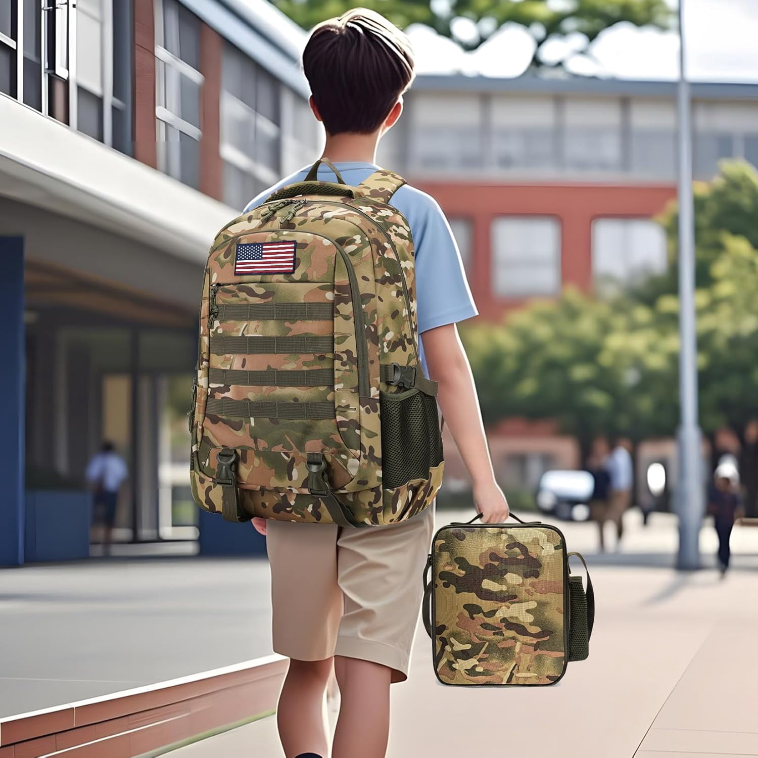 Camo Backpack 3 in 1 Set with Lunch Box & Pencil Case for Boys, 19 Inch School Bookbag for Kids Teens Elementary Middle High School, Lightweight Durable Bag for Outdoor Camping Trave