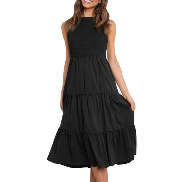 TSADFHJI Jupe en Satin Femme Été Décontractée Midi Robe Maxi Boho Sans Manches Smockée Ligne A Longue Robe S Noir