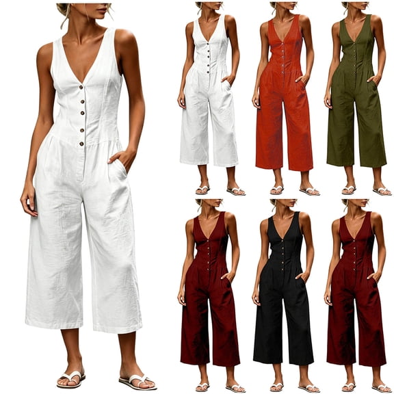 VBVC Women's Cotton Linen Jumpsuit with Pockets , V-Neck Button Down Wide Leg Romper For Women , Ladies' Summer Casual Cropped Overalls, S-2XL