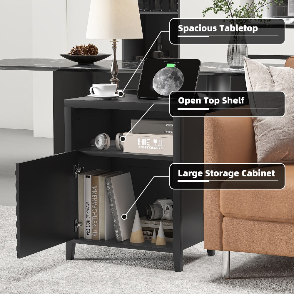 Nightstand with Charging Station, 2 USB Ports & 2 AC Outlets, 19" Modern Bedside Table with Storage Shelf and Cabinet, Black