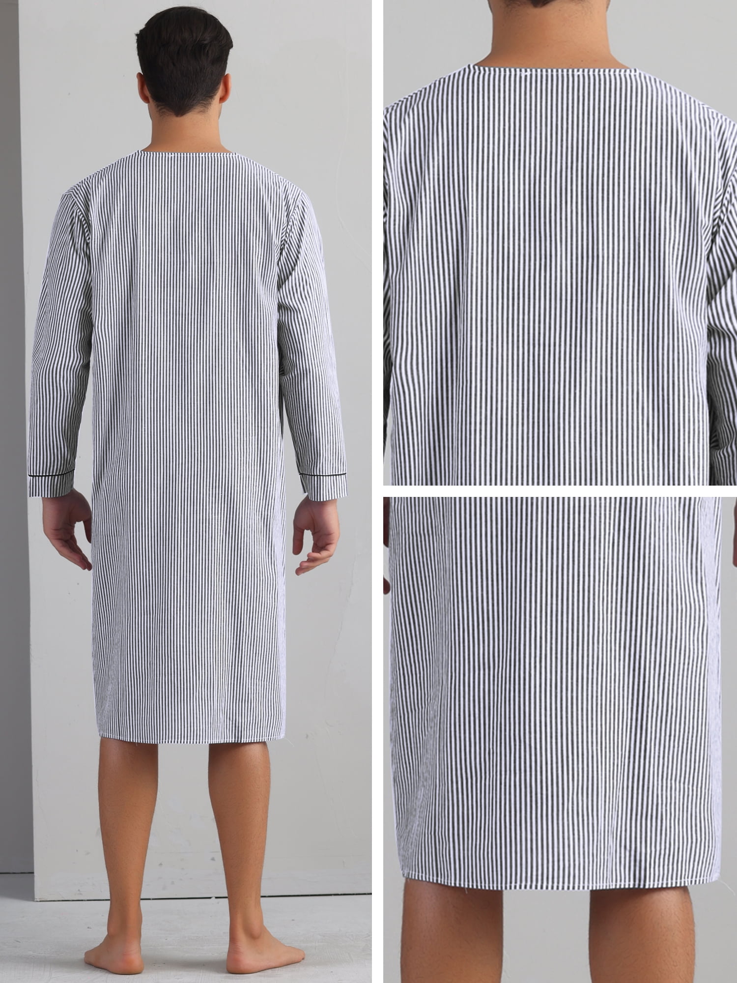 DARING DIVA Men's Striped V-Neck Button Front Long Sleeve Comfortable Nightshirt XL Black