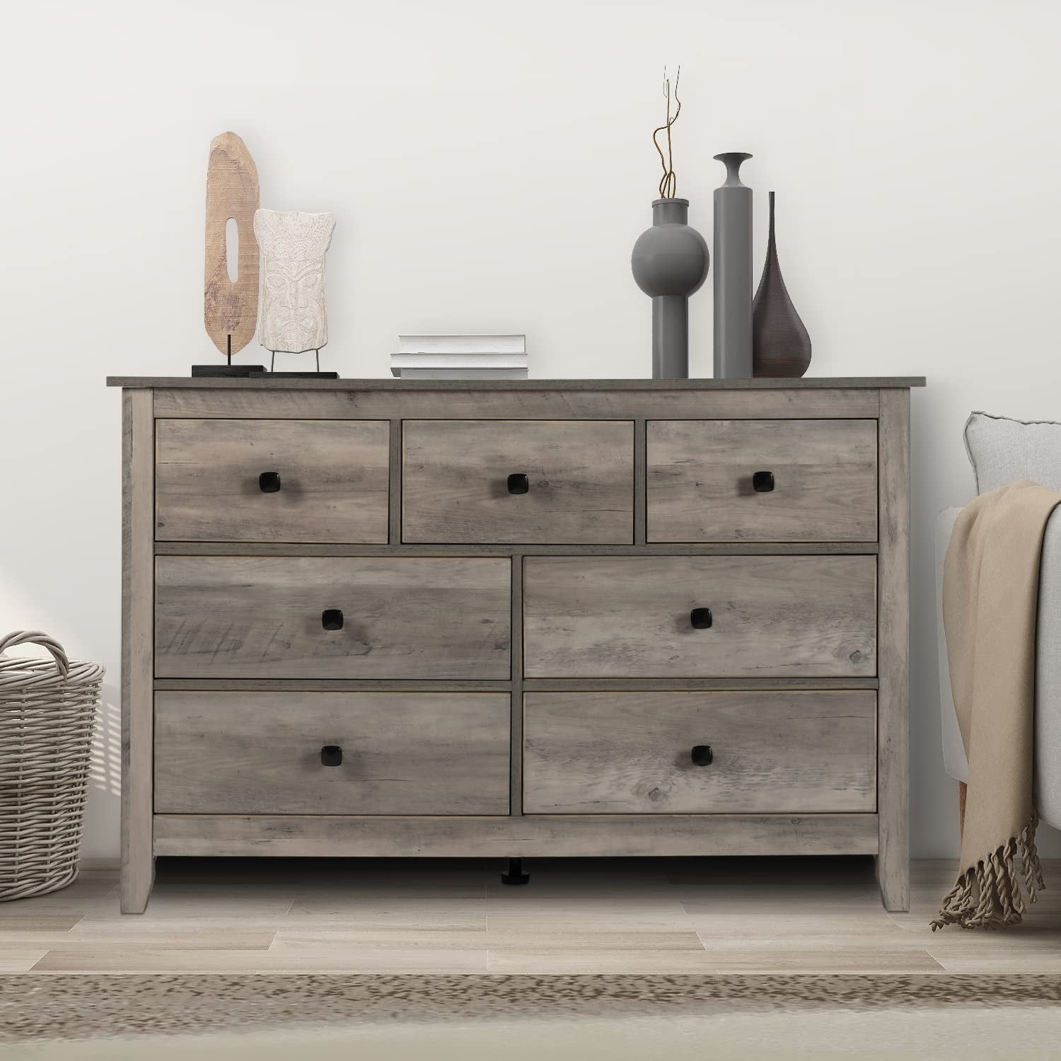 LTMEUTY Bedroom Dresser Grey Wooden Dresser for Bedroom 7 Drawers