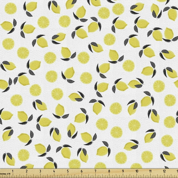 Ambesonne Lemon Fabric by the Yard Upholstery, Citrus Blossoms Vitamin C, 2 Yards, Earth Yellow Grey