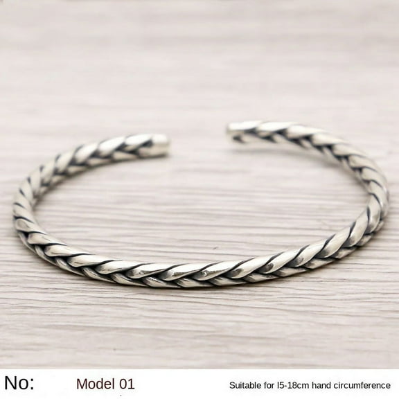 Wollet Handmade S925 Sterling Silver Bracelet Women, Fit to 5.9-7'' Wrist, Vintage Twine Woven Thai Silver Bangle Bracelet, Open End