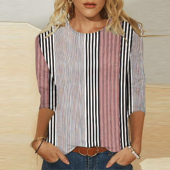 Sakmal Womens Tops Pink 3/4 Sleeve Crew Neck Striped Pullover T Shirts for Women