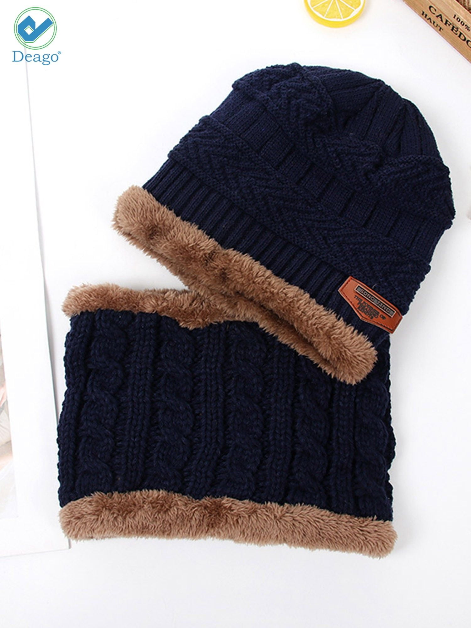 Deago 2-Pieces Winter Beanie Hat Scarf Set Warm Fleece Lined