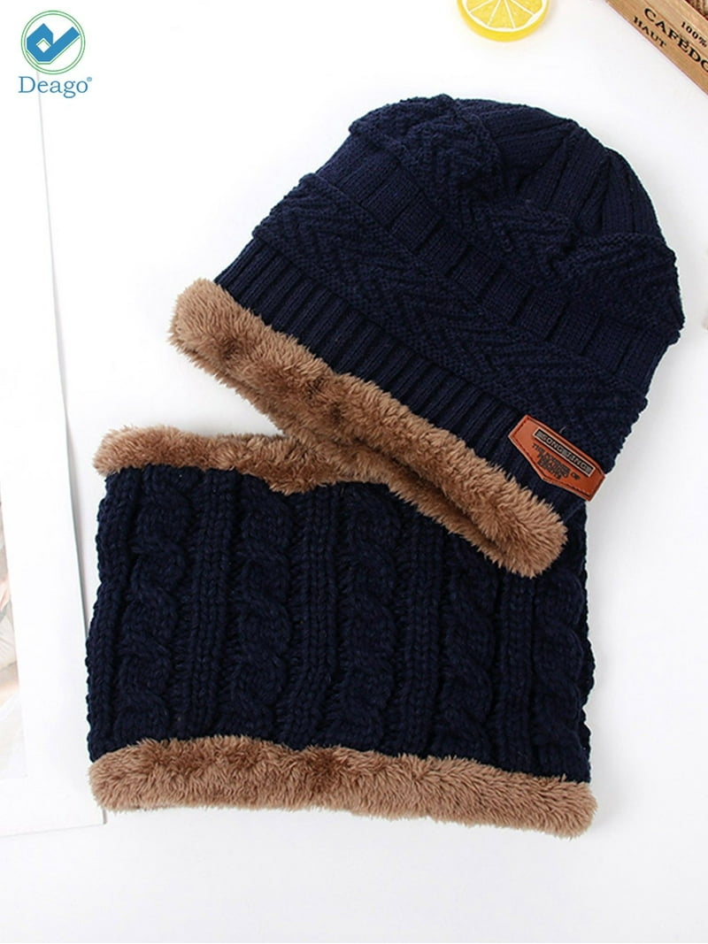 Deago 2-Pieces Winter Beanie Hat Scarf Set Warm Fleece Lined Knit