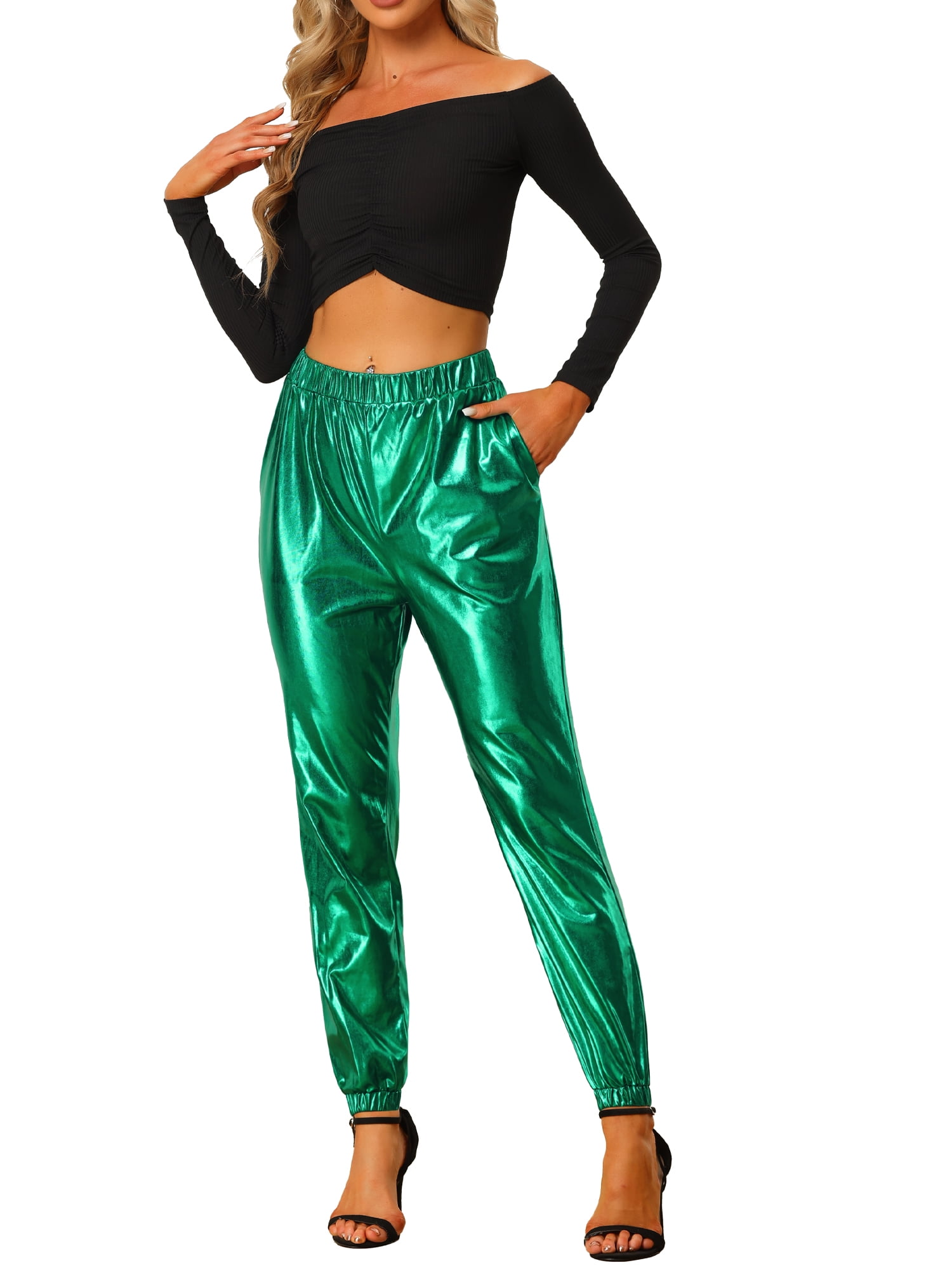 DARING DIVA Women's Sparkle Shiny High Waist Metallic Jogger Pants M Green