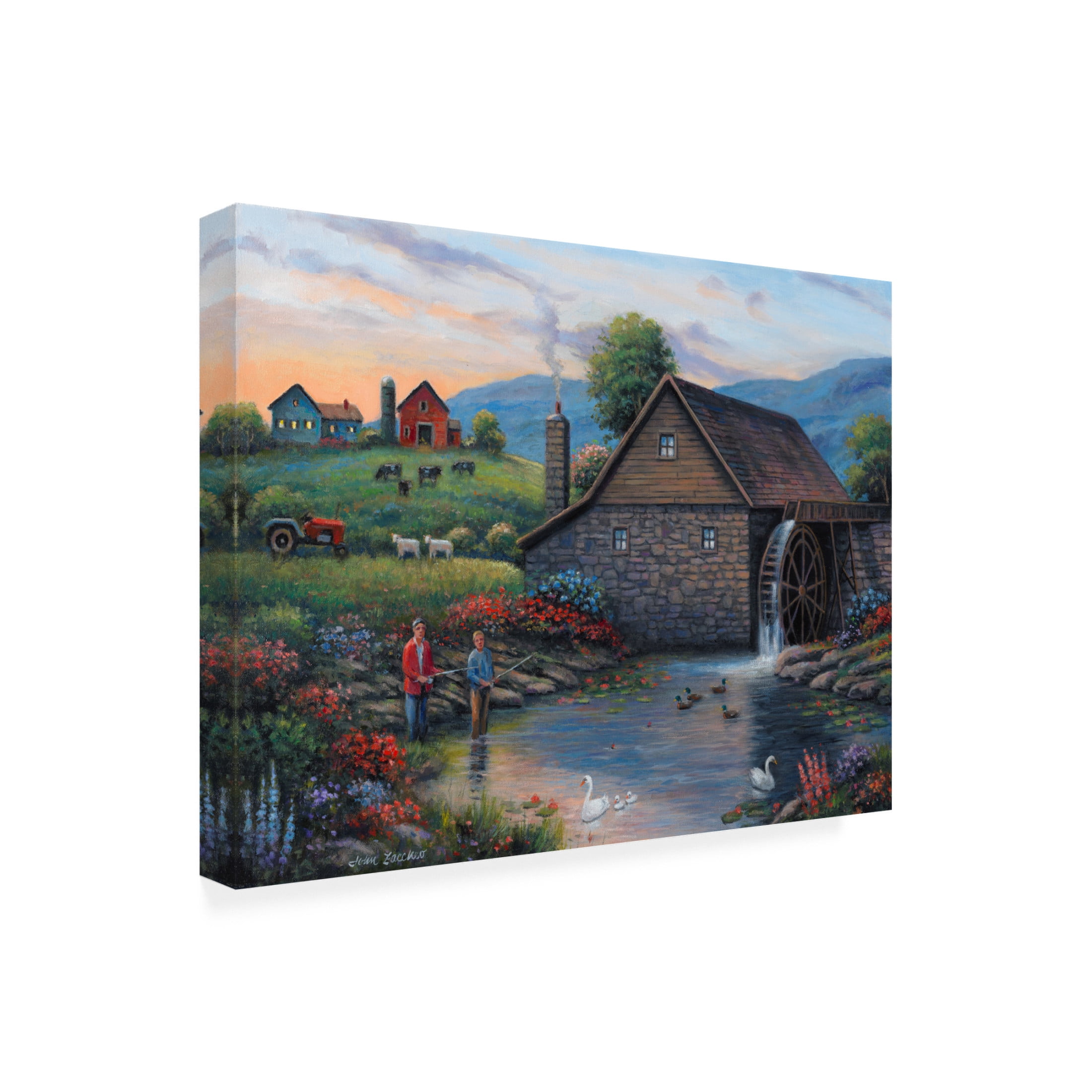 Canvas Wall Art - John Zaccheo 'Fishing by the Waterwheel' Wall Art for Living Room, Bedroom, or Office Décor by Trademark Fine Art - 32 x 24 Inches