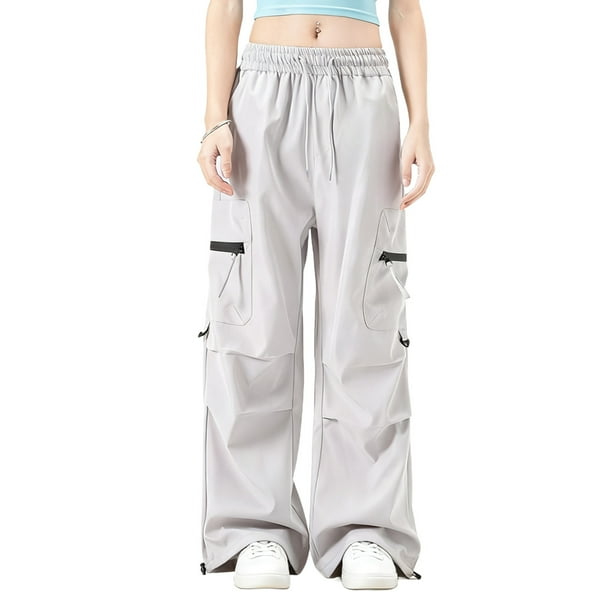 Amzcrzy Pantalones cargo para mujer: color liso, pierna ancha, múltiples bolsillos, transpirables, holgados y cómodos, resistentes al agua, con cremallera, tallas M-2XL. Gris