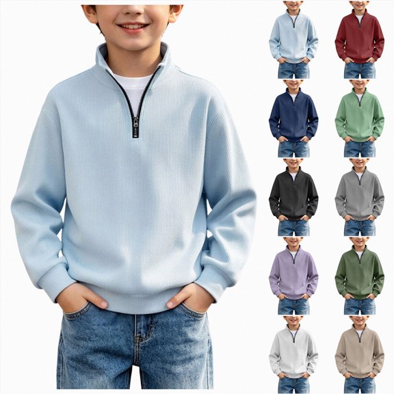 Nwiuh Boys Quarter Zip Pullover Long Sleeve Cotton Shirts Oversized Sweatshirts Kids Preppy Clothes Teens (Red, 3-4 Years)