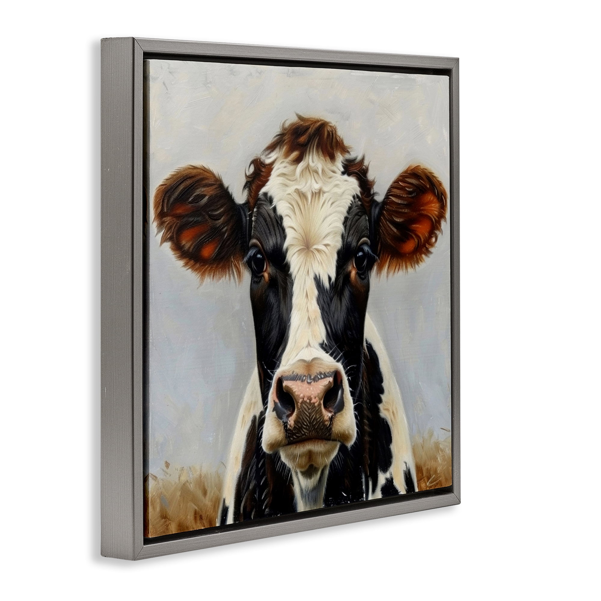 Stupell Industries Stoic Cow Gaze Portrait Animals Painting Gray Floater Framed Canvas Art Print Wall Art, 18 x 18