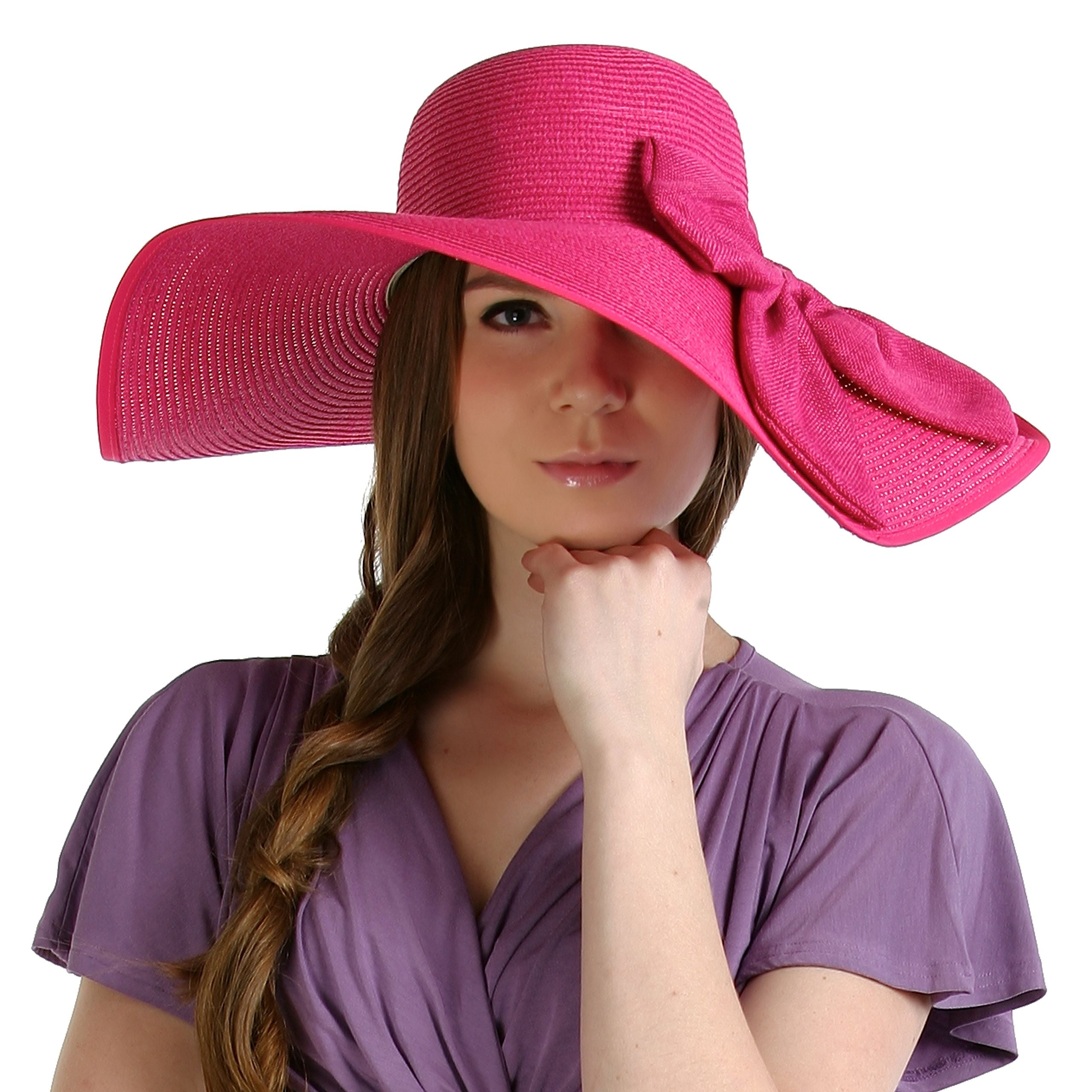 Large Pink Wide Brim Floppy Beach Straw Sun Hat for Women