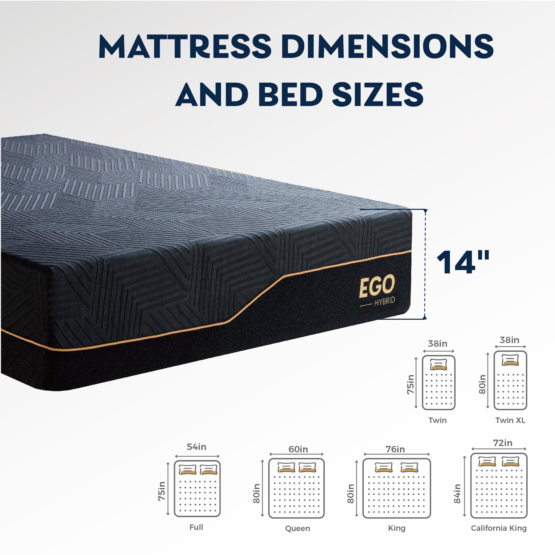 EGOHOME Black 14 inch Hybrid Mattress, Full Size Memory Foam Mattress, Pocket Spring