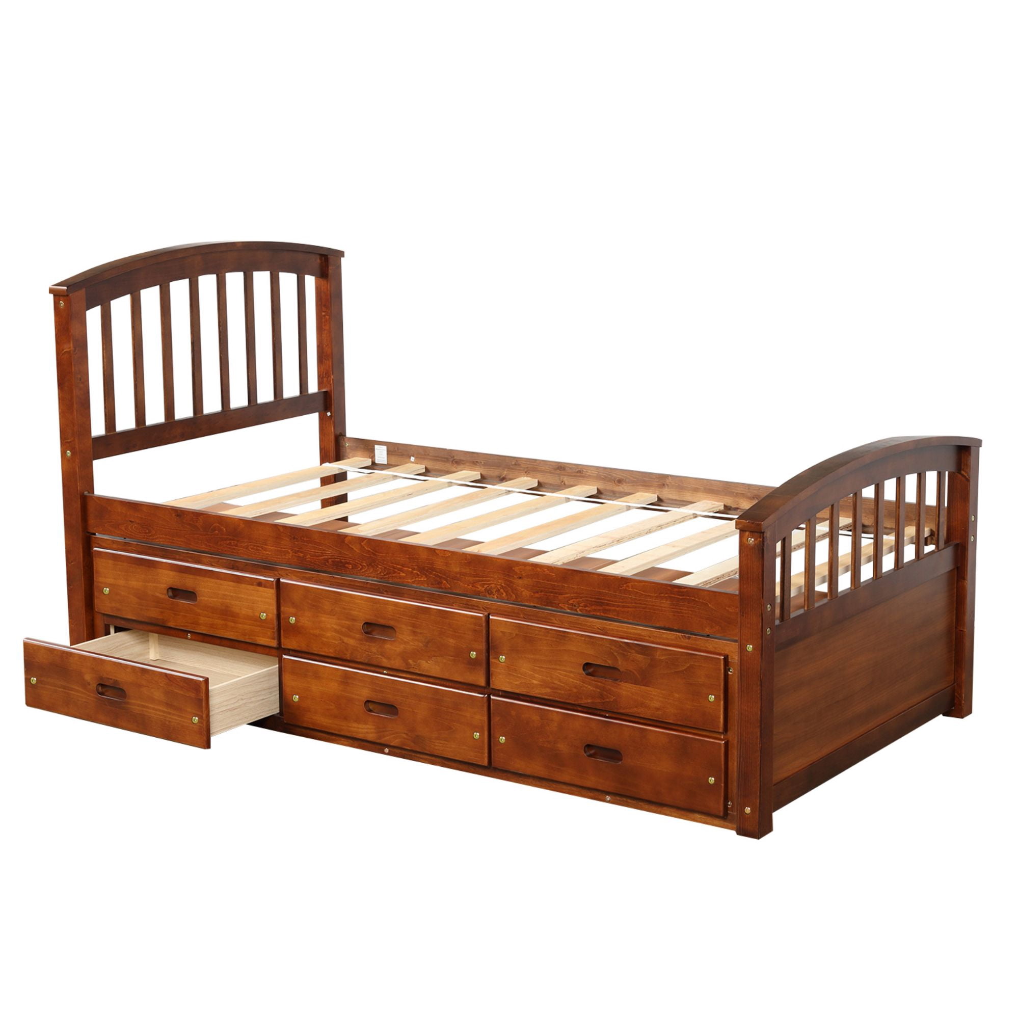 Aukfa 6 Drawers Platform Storage Bed, Solid Wood Captain Bed, Twin Size - Walnut