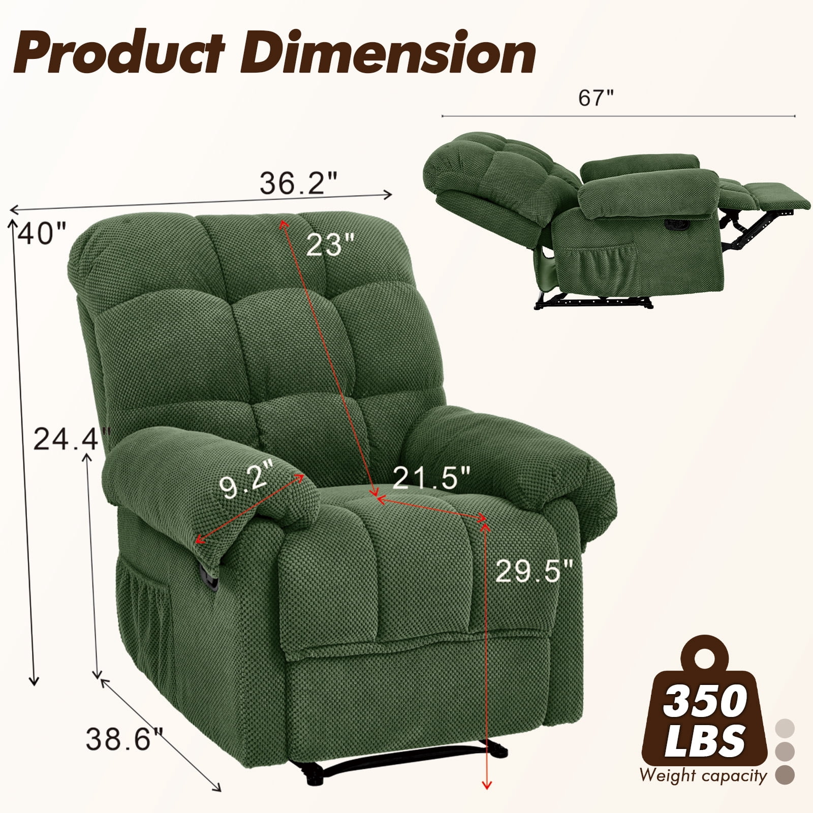 MOONMISS Recliner Chair, Comfortable Lay-Flat Sofa for Living Room,Green