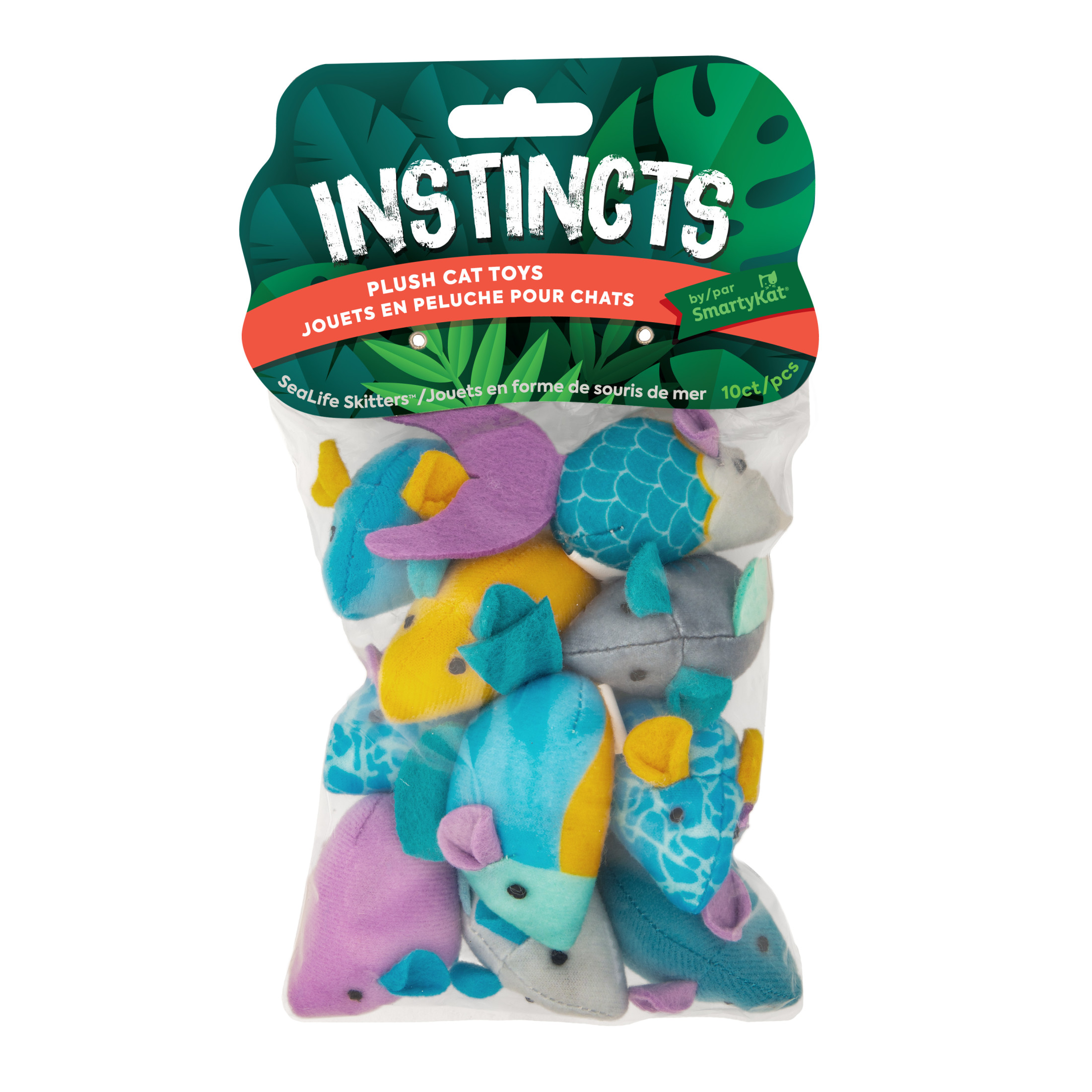 Instincts by SmartyKat Sea Life Skitters Catnip and Silvervine Cat Toys, Set of 10, Small Plush Mice with String Tails